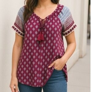 Lucky Brand Boho Tassel Tie Gauzy Blouse Top | Size Large